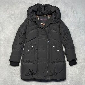 Betsey Johnson‎ Down Puffer Jacket Women Small Black High Collar Leopard Lining